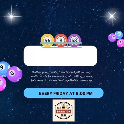 Join us for Friday night bingo, games start at 8 pm! Come win some cash! 💰 | Barwick Grill