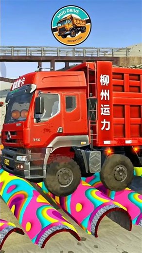 DANGEROUS! Red Dump Truck Pulls Huge Trailer Across Colorful Bumps