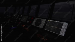 Ship's navigation bridge at night. Control panel is highlighted