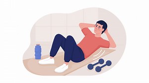 Animated isolated man do abs workout. Looped flat 2D character HD video footage. Training colorful animation on white background with alpha channel transparency for website, social media