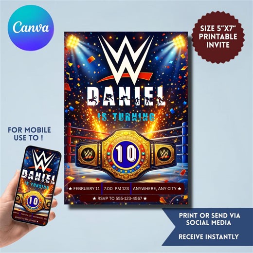 Wwe Birthday Invitation, Wwe Invitation Template, Wwe Birthday Party Invitation, Wwe Birthday Card Printable, Wrestling Theme Invitation - Etsy