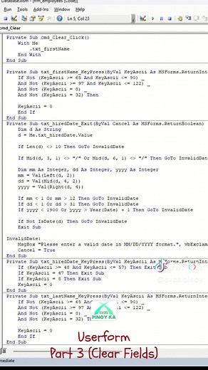 Userform Part 3 (Clear Fields) #excelpinoy #exceltricks #exceltips #excel #excelbyromeocostillas