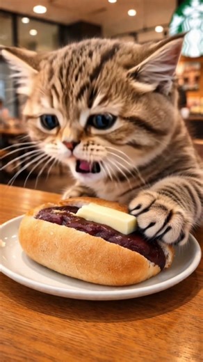 【AI猫】うにちゃん、スタバであんバターサンドに初挑戦🐾