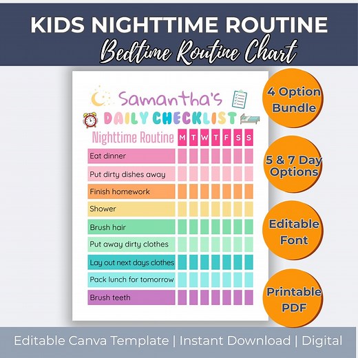 Editable Nighttime Routine Checklist: Bedtime Routine Chart Rainbow Girls Night Time Routine Bed Time Routine Digital Visual Schedule Canva - Etsy