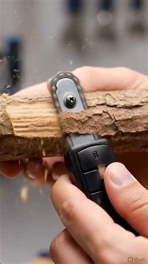 a mini key chain saw cutting a wood lok