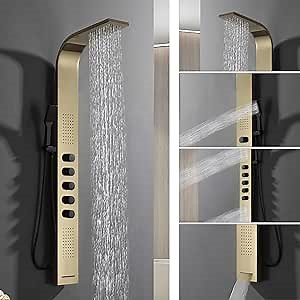 BWE Shower Panel Polished Gold Multifunction Shower Panel System with Rainfall Shower Stainless Steel Panel with Handheld Shower Wall Mount - Amazon.com