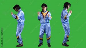 80s 90s retro man dancing having fun. Green screen chromakey background easy to remove.