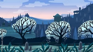 Looped apocaliptyc landscape animation with night abandoned city, cartoon scene for games