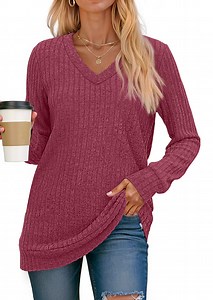 Fantaslook V Neck Long Sleeve Shirts for Women Dressy Casual Fall Tops Lightweight Tunic Pullover Fashion Clothes