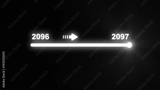 Clean white glowing progress bar illustrating the progression from year 2096 to 2097 with a directional arrow and slider on a black background representing future advancement and digital timeline