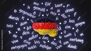 German language learning exam 3d animation loop Deutsch fluency improve. Human brain Germany flag color letters articles words Studying Native speaker teacher Online course education Listening Reading