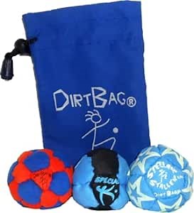 DIRTBAG Medley Footbag 3-Pack with Pouch, 100% Handmade, Premium Quality, Bright Vivid Colors, Signature Carry Bag - Orange/Blue/Blue
