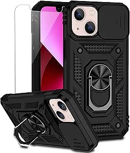 for iPhone 13 Mini Case with Camera Lens Cover HD Screen Protector, Dual Layer Military Grade Drop Protection Magnetic Ring Holder Kickstand Protective Phone Case for iPhone 13 Mini 5.4 inch (Black)