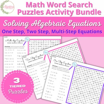 Equations Word Search Puzzle Activity Bundle // One, Two & Multi step Equations