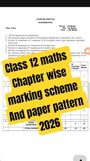 Class 12 Maths Paper Pattern & Chapter Wise Marks | PSEB 2026 🔥#pseb #youtube #shorts #short #yt