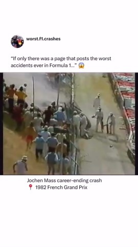 F1 Chill Guy 🏎️ on Instagram: "Rare footage and, incredibly, everyone involved survived 🥶👇 The 1982 French Grand Prix was held at Paul Ricard on 25 July, and it was the 11th race of the year! And the 11th lap of this race saw a big accident when Jochen Mass’s March and Mauro Baldi’s Arrows collided at Signes. Mass’s car went through the catch fencing into the tyre walls, then catapulted into a spectator area and caught fire. Mass escaped with burns on his hands, while several spectators were 