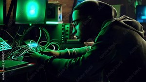 4k Footage of Cyber Hacker Working with Electronic Devices in Dark Room, Green Glowing Screens, Cables, and Digital Equipment - High-Tech Cybersecurity and Hacking Concept