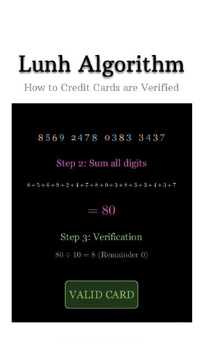 Lunh Algorithm is a simple checksum formula use to validate various identification numbers most of famously credit card numbers. Developed by IBM engineer hands Peter lunar, it help detect common data entry errors like single-digit typos or adjacent digit transpositions . The algorithm work by performing a series of arithmetic operations on the digits, which culminates in a sum that must be a multiple of 10 for the number to be considered potentially valid. #lunh #algorithm #maths #mathmatics #c