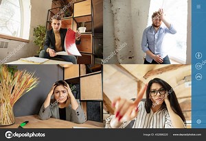 Team working by group video call share ideas brainstorming use video conference.