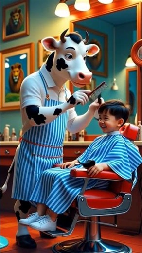 "Cow Barber Shop – Kids Laughing Cartoon Scene"