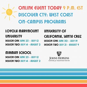 Hello, California! Join us at 9 p.m. EST (6 p.m. PT) to learn more about CTY On-Campus Programs coming to three West Coast locations in summer 2024. Register for the free event: https://jhu-cty.zoom.us/webinar/register/WN_7oQ3DeS5QbCOORvL2s5Wiw#/registration | Johns Hopkins Center for Talented Youth | Facebook