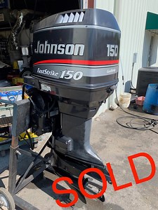 $3995 Clean Used 1998 Johnson FastStrike 150 HP V6 2 Stroke 20" (Long Shaft) Outboard Motor. Model number: J150GLECD. Serial number: G04360161. Weight - 370 lbs. 110-118 psi compression on all 6 cylinders. Oil Injection Disconnected. Electric Start. Power Tilt/Trim. Motor is ready to mount and run. Freight Shipping available from Scottsville, KY. For a freight quote, please provide zip code, if it will be a commercial (with a loading dock) or residential delivery (residential delivery will cost 