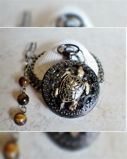 Sea turtle mechanical pocket watch in black