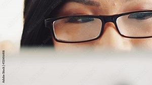 Businesswoman, tablet and reading report with glasses, networking and scrolling on website. Asian female person, planning and closeup of technology, schedule and typing a proposal for communication