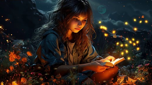 Girl, Reading Book, Fireflies. Free Stock Video