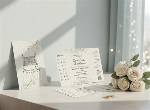 Venue Sketch Wedding Invitation, Gatefold Venue Painting Invite, Personalised Foliage Wedding Invites With Timeline Canva Digital Download - Etsy