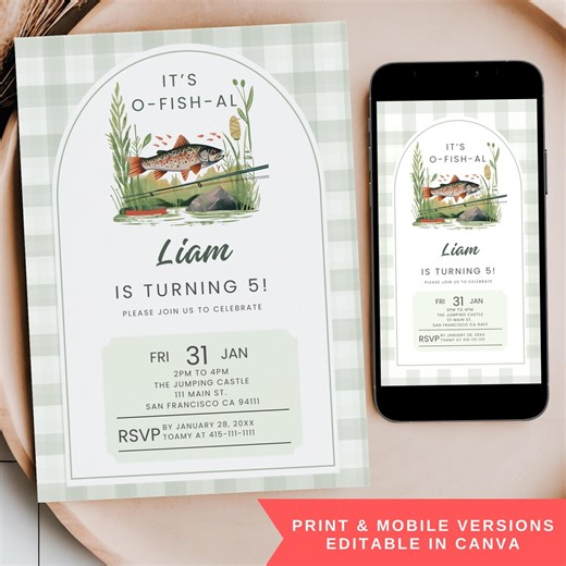 Fly Fishing Birthday Invitation Editable, Bass Fishing Trout Fishing Party Invite, Green Gingham Outdoor Digital Mobile Phone Text Invite - Etsy