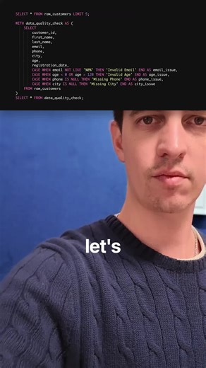 🧹 Tired of messy customer data ruining your analysis? Here’s how to build a complete data cleaning pipeline in SQL that transforms chaos into crystal-clear insights! 💡 Example: You have customer records with mixed case names, inconsistent phone formats, duplicate emails, and missing values. Instead of manual cleanup, use SQL to automate the entire process and get analysis-ready data in minutes. Stop wasting hours on manual data cleanup. Build this pipeline once and transform any messy dataset 