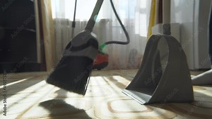 Sweep the dust from the floor with a brush. Dust rises into the air. Sweep the dirt from the carpet in a dustpan. Clean the house. Do the cleaning. Close-up. Cleaning service. Home cleaning routine.
