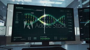 Screen Shows Rotating Spiral DNA Under Research At Biotechnology Laboratory. Advanced Scientific Software Creates Accurate Model Of Rotating Spiral DNA. Futuristic Clinic Analises Rotating Spiral DNA