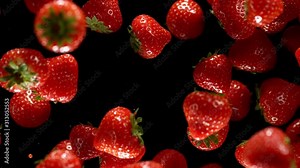Exploding strawberries on a black background. Filmed on high speed cinema camera, 1000fps.