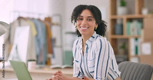 Face, business and woman with a laptop, fashion designer and connection with a smile, email notification and company website. Portrait, entrepreneur and employee with a pc, logistics and professional