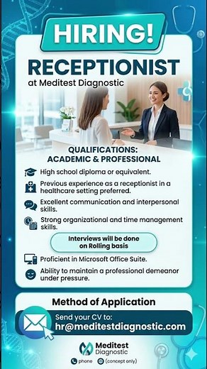 Now Hiring: Medical Receptionist! | Apply Today at Meditest Diagnostic 🚀