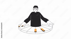 Musician pianist keyboard bw 2D animation. Man playing piano keys 4K video motion graphic. Asian male musician. Piano learning monochrome outline animated cartoon flat concept, white background