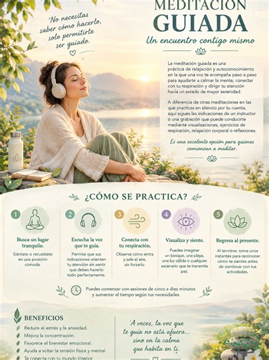 🌿 Meditación guiada: un encuentro contigo mismo. La meditación guiada es una práctica de relajación y autoconocimiento en la que una voz te acompaña para calmar la mente, conectar con tu respiración y alcanzar un estado de serenidad. A diferencia de otras meditaciones que se practican en silencio, aquí sigues las indicaciones de un instructor o una grabación que puede conducirte mediante visualizaciones, ejercicios de respiración, relajación corporal o reflexiones. Es una buena opción para quie
