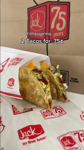 75 years. 75¢ tacos. 🌮 2 tacos for 75¢ 🎉 Jan 6 on the Jack app only