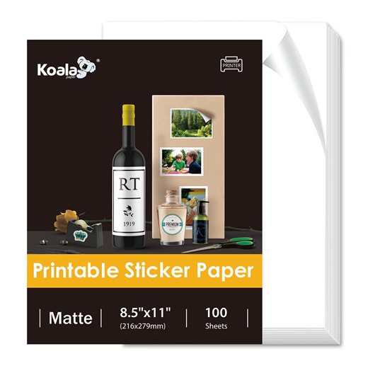 KOALA Sticker Paper for Inkjet & Laser Printers - 100 Sheets Printable Matte White Label Paper - 8.5x11 Inch Sticker Printer Paper Compatible with Cutting Machine