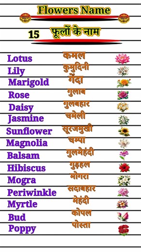 15 flowers name in english and hindi | फूलों के नाम | flowers name | phoolon ke Naam | flower name