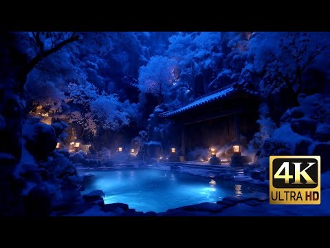 Cozy Outdoor Onsen in Snowy Forest ❄️ Relaxing Hot Spring & Winter Wind Sounds for Deep Sleep