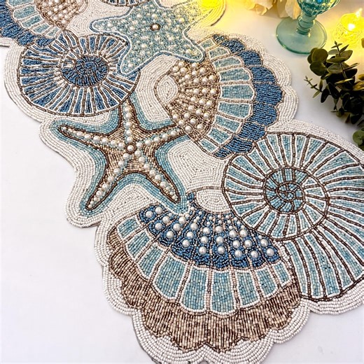 Handmade Beaded Table Runner: Coral & Seashell Design (13x36 Inch) - Etsy
