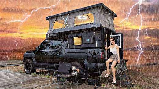 ☔ CAMPING IN AN AUTOMATED POP-UP TENT TRUCK CAMPER VAN IN EXTREME HEAVY RAIN | Camping Trip