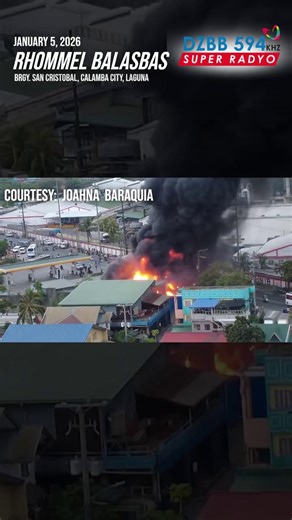 Isang sunog ang sumiklab sa isang imbakan ng gulong na malapit sa isang gasoline station sa Brgy. San Cristobal, Calamba City, Laguna, hapon ng Lunes, Jan. 5. | via Rhommel Balasbas, DZBB Video Courtesy: Joahna Baraquia | GMA News