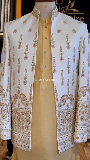 A prince coat is a way to make a statement on your wedding day, so get customize this Uomo Attire's designer open front prince coat with golden hand embellishments for elegant look on your special day. - Custom tailored for a sharp and stylish look - Color is absolutely stunning For online prices plz visit: https://uomoattire.com or ☎️ Call/WhatsApp on 92300-7668666 / 0300-7618666 #LuxuryFashion #PrinceCoat #EmbellishedFashion #MensWear #EagleEmbellishment #HighFashion #DapperStyle #ElegantAttir