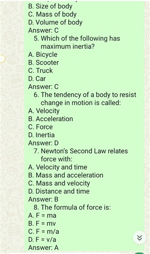ch 8 class 9th science force and law of motion important MCQ for next chapter suscribe the channel