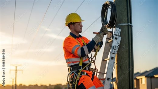 Male lineman in safety uniform working on a utility pole with fiber optic cable. Technician installing high speed internet infrastructure during a beautiful sunset