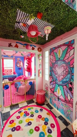 Jonny Carmack on Instagram: "🩷Flowers or gems in the greenery? 🩷 Hi!!! Some of yall were telling me to do a little blanket up there and I strongly agreed with that opinion!! 😍 I took all the objects down and put up this trippy checkered style pattern that reminded me of Alice in wonderland 😎🌹 I also took ideas for the cards!!! You guys are so smart 🩷✨ I am so happy with how this is turning out. I think ceiling art is my new go to thing 😍&#x